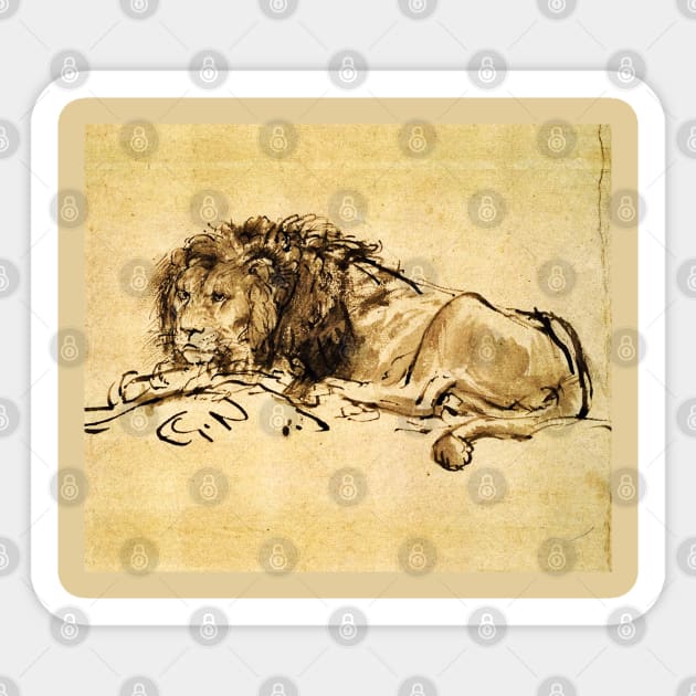 THE CAPE LION LYING DOWN, by Rembrandt in Sepia,Brown Sticker by BulganLumini